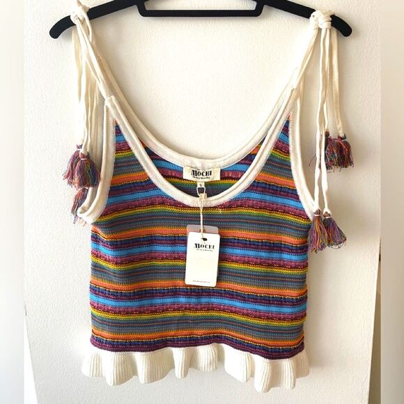 All Things Mochi NWT Knit Strappy Tank Top Rainbow Stripe Tassels Boho Festival - Picture 2 of 9